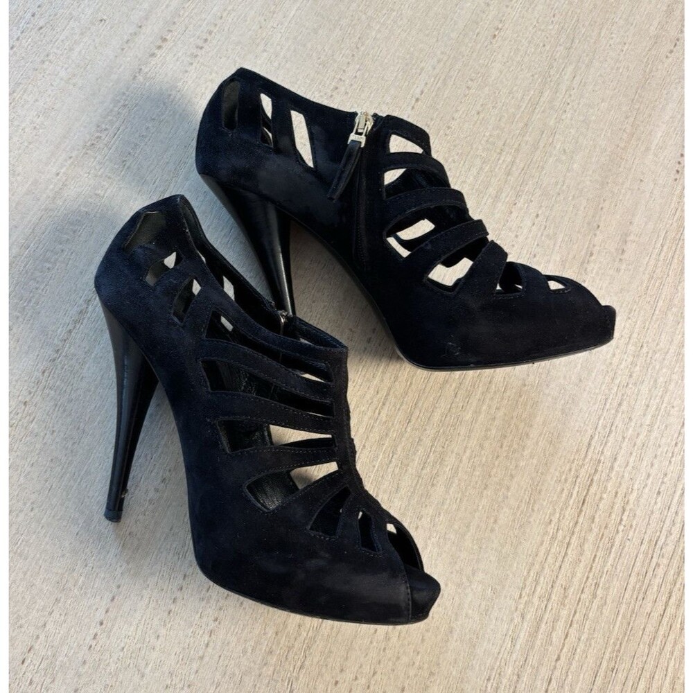 Fendi Black Suede Strappy Peep Toe Zip Stiletto Heels Women's Size 6